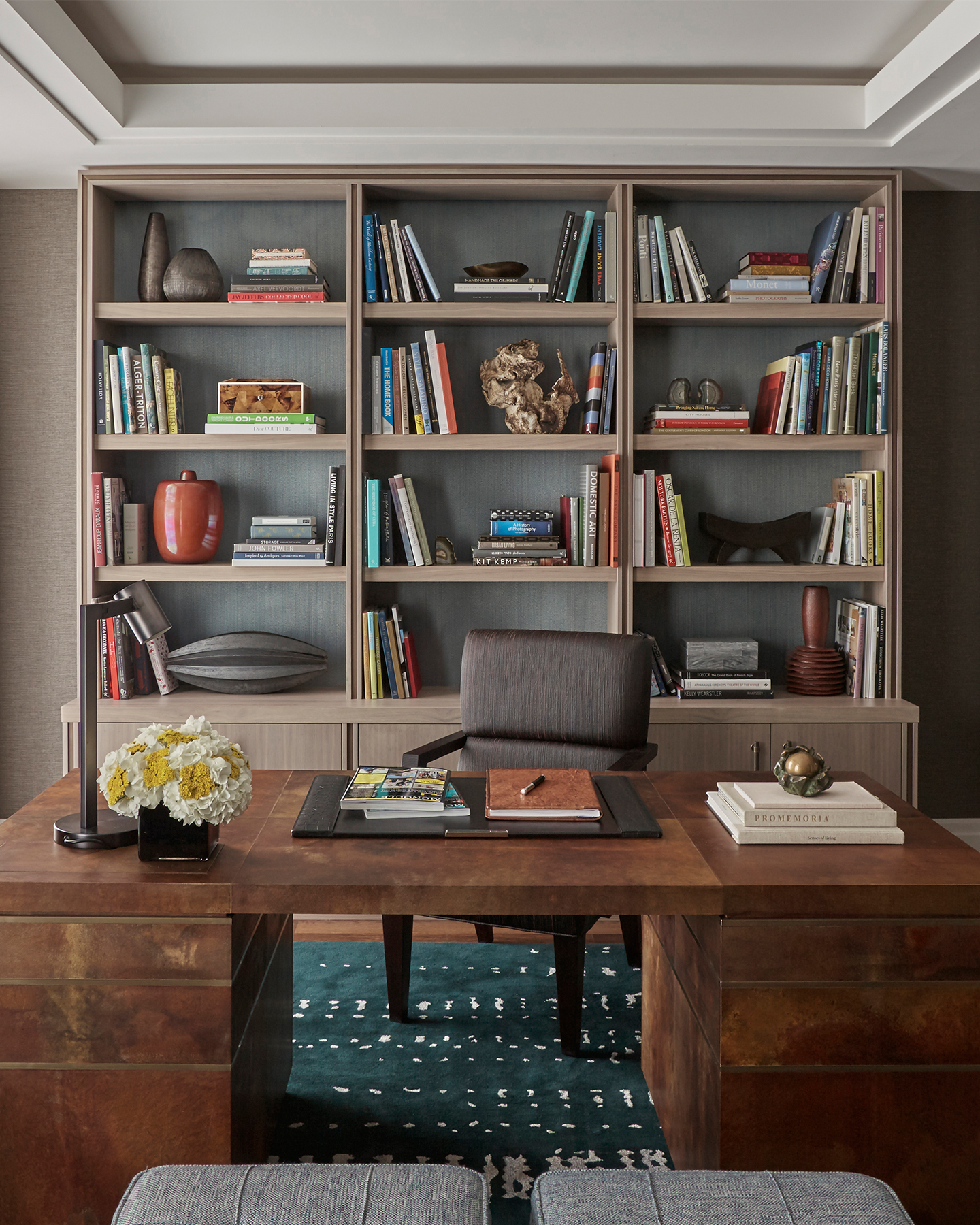 Luxury home office with wooden desk and joinery unit